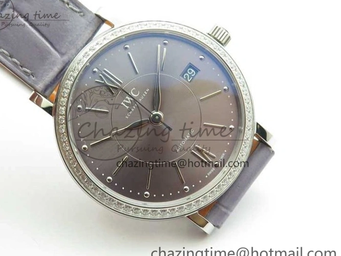 MIROTIME 0510 Attractive Portofino 37mm SS V7F 1:1 Best Edition Gray Dial Diamonds Bezel on Gray Leather Strap A 7091
